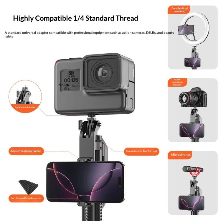 T04 Asta per selfie da 1,77 m con treppiede, testa girevole a 360 gradi e attacco filettato da 1/4" per smartphone e action camera., T04