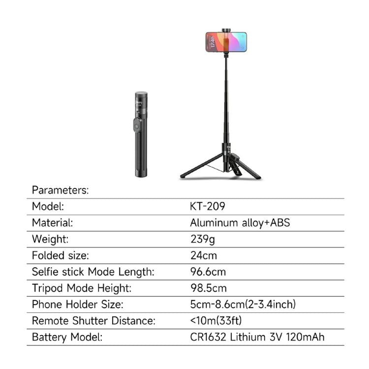 JMARY KT-209 Selfie stick da 98,5 cm con treppiede pieghevole in lega di alluminio e telecomando wireless per lo streaming live, KT-209