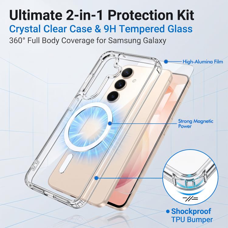Set 2 in 1: custodia magnetica trasparente in TPU + PC con pellicola temperata ad alto contenuto di allumina., For Galaxy S24+ 5G, For Galaxy S24 5G, For Galaxy A05, For Galaxy A25 5G, For Galaxy S23 FE 5G, For Galaxy S23 Ultra 5G, For Galaxy S23+ 5G  ...