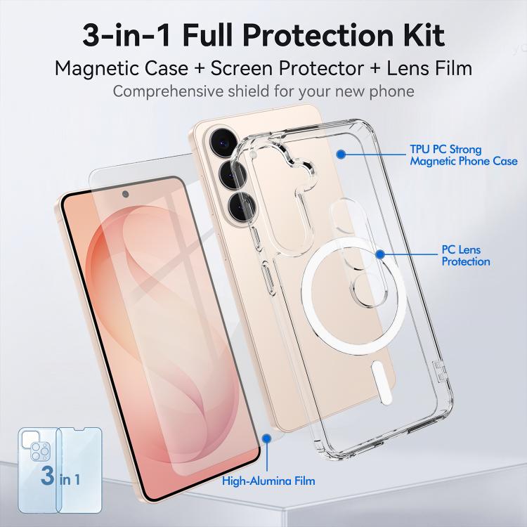 Set 3 in 1: custodia magnetica trasparente in TPU e PC con pellicola temperata ad alto contenuto di allumina e protezione per l'obiettivo., For Galaxy S26 FE 5G, For Galaxy Z Fold8 Ultra 5G, For Galaxy Z Flip8 5G, For Galaxy S26+ 5G                    ...