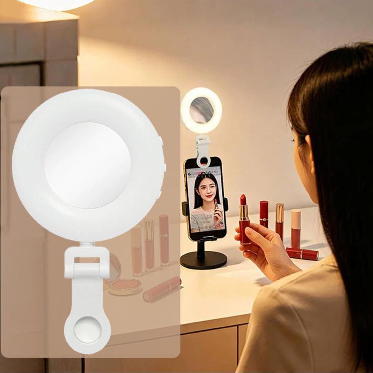 S-3 con specchietto per il trucco, clip per telefono, selfie, vlogging, illuminazione di bellezza, luce di riempimento ad anello LED.