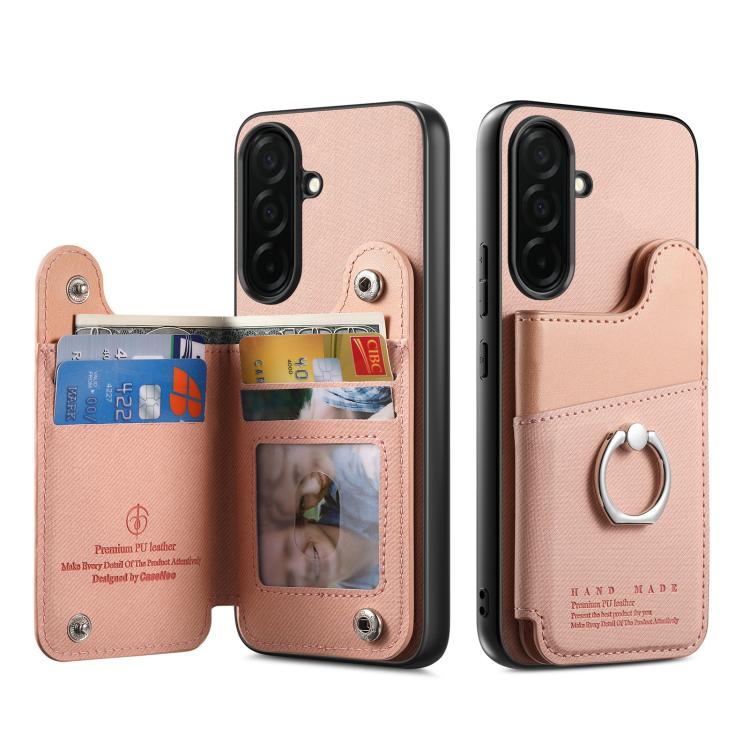 Portafoglio multi-carta con anelli in tessuto twill, custodia per telefono in pelle vegana, For Galaxy S26+ 5G, For Galaxy S26 Ultra 5G, For Galaxy S26 5G