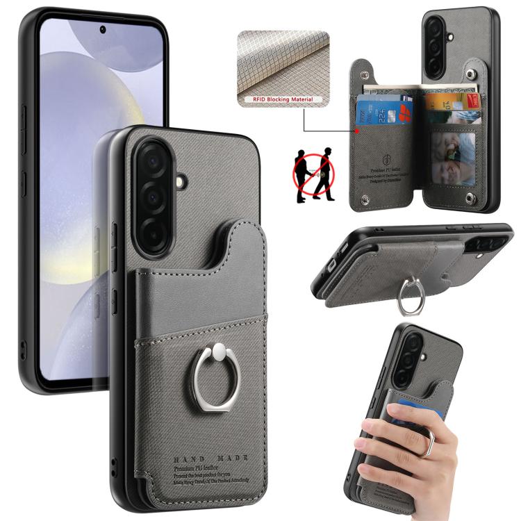 Portafoglio multi-carta con anelli in tessuto twill, custodia per telefono in pelle vegana, For Galaxy S26+ 5G, For Galaxy S26 Ultra 5G, For Galaxy S26 5G