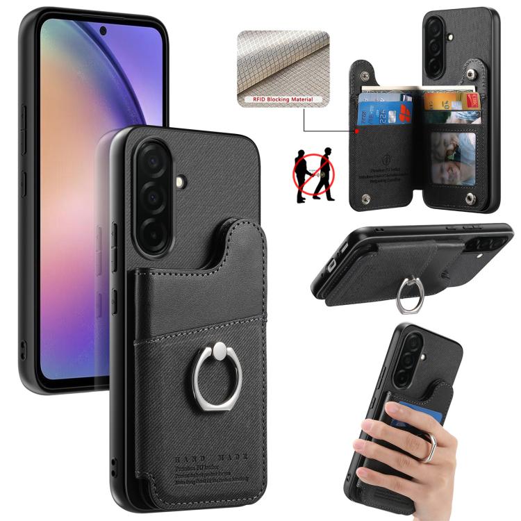 Portafoglio multi-carta con anelli in tessuto twill, custodia per telefono in pelle vegana, For Galaxy S26+ 5G, For Galaxy S26 Ultra 5G, For Galaxy S26 5G