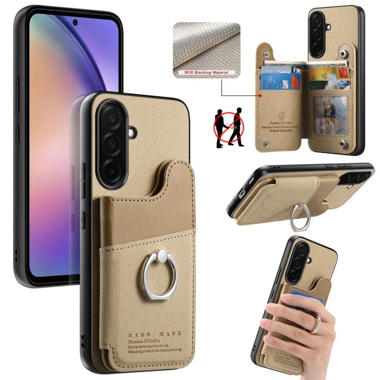 Portafoglio multi-carta con anelli in tessuto twill, custodia per telefono in pelle vegana, For Galaxy S26+ 5G, For Galaxy S26 Ultra 5G, For Galaxy S26 5G