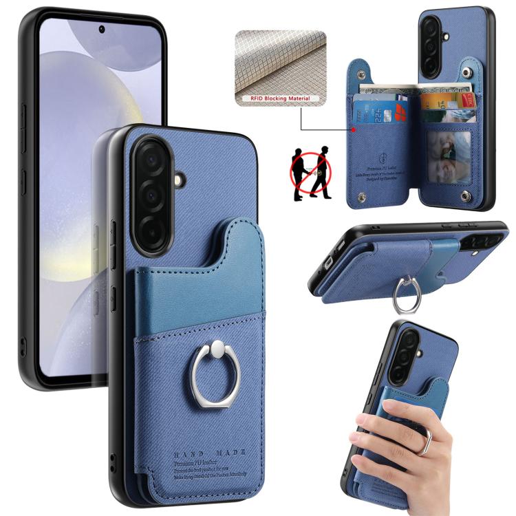 Portafoglio multi-carta con anelli in tessuto twill, custodia per telefono in pelle vegana, For Galaxy S26+ 5G, For Galaxy S26 Ultra 5G, For Galaxy S26 5G