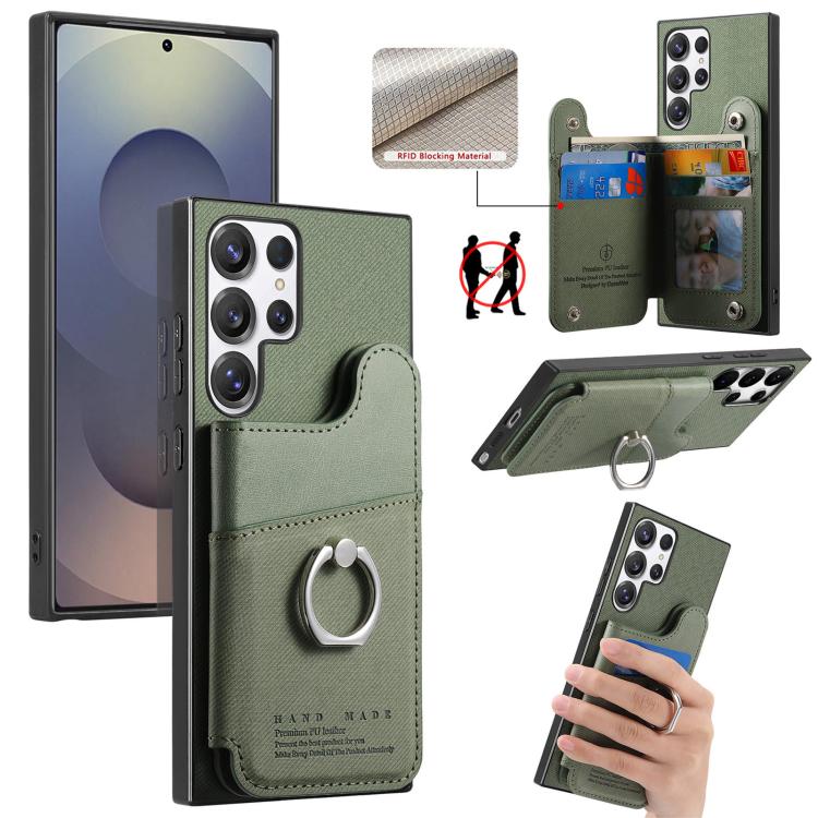 Portafoglio multi-carta con anelli in tessuto twill, custodia per telefono in pelle vegana, For Galaxy S26+ 5G, For Galaxy S26 Ultra 5G, For Galaxy S26 5G