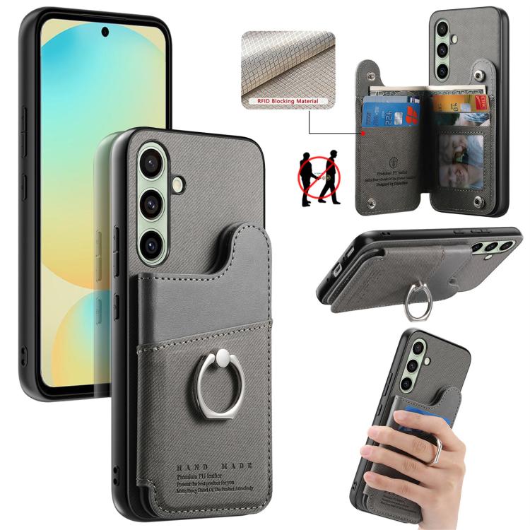 Portafoglio multi-carta con anelli in tessuto twill, custodia per telefono in pelle vegana, For Galaxy A57 5G, For Galaxy A37 5G, For Galaxy S25 FE 5G