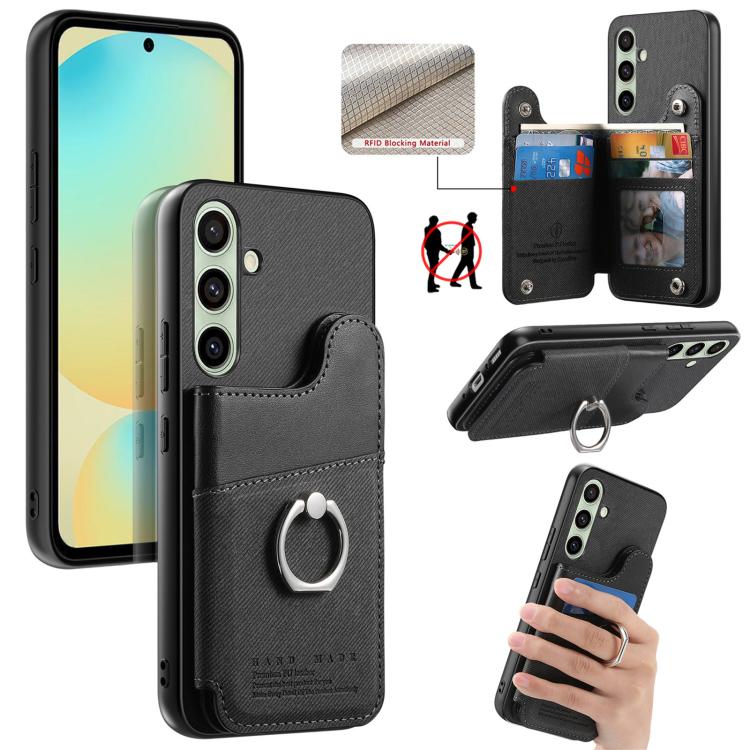 Portafoglio multi-carta con anelli in tessuto twill, custodia per telefono in pelle vegana, For Galaxy A57 5G, For Galaxy A37 5G, For Galaxy S25 FE 5G