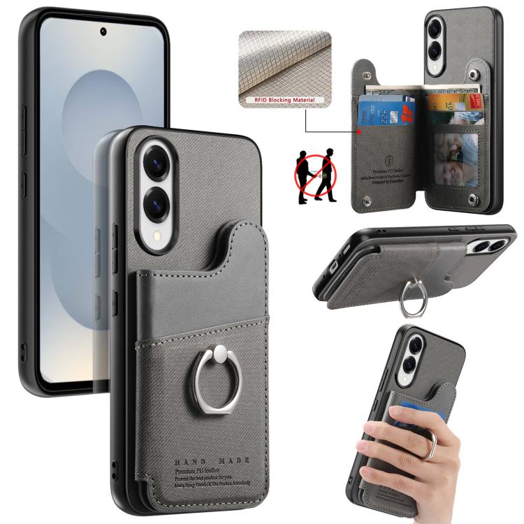 Portafoglio multi-carta con anelli in tessuto twill, custodia per telefono in pelle vegana, For Galaxy S25 Edge 5G, For Galaxy A56 5G, For Galaxy A26 5G