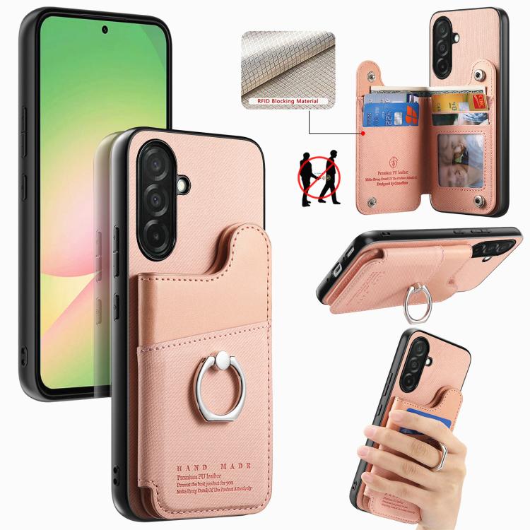 Portafoglio multi-carta con anelli in tessuto twill, custodia per telefono in pelle vegana, For Galaxy S25 Edge 5G, For Galaxy A56 5G, For Galaxy A26 5G