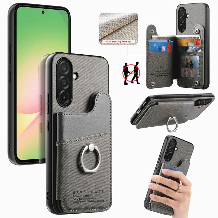 Portafoglio multi-carta con anelli in tessuto twill, custodia per telefono in pelle vegana, For Galaxy S25 Edge 5G, For Galaxy A56 5G, For Galaxy A26 5G