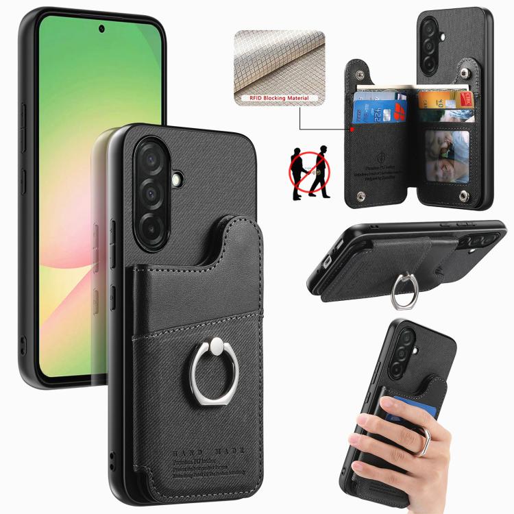 Portafoglio multi-carta con anelli in tessuto twill, custodia per telefono in pelle vegana, For Galaxy S25 Edge 5G, For Galaxy A56 5G, For Galaxy A26 5G