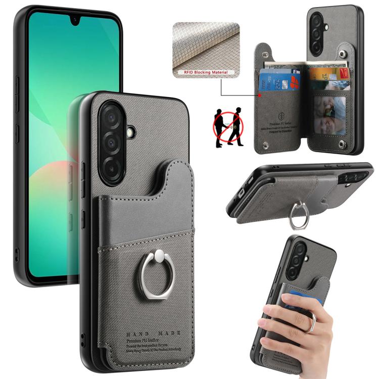 Portafoglio multi-carta con anelli in tessuto twill, custodia per telefono in pelle vegana, For Galaxy S25 Edge 5G, For Galaxy A56 5G, For Galaxy A26 5G