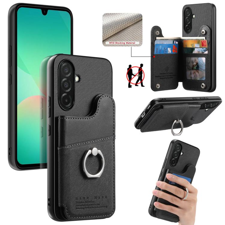Portafoglio multi-carta con anelli in tessuto twill, custodia per telefono in pelle vegana, For Galaxy S25 Edge 5G, For Galaxy A56 5G, For Galaxy A26 5G