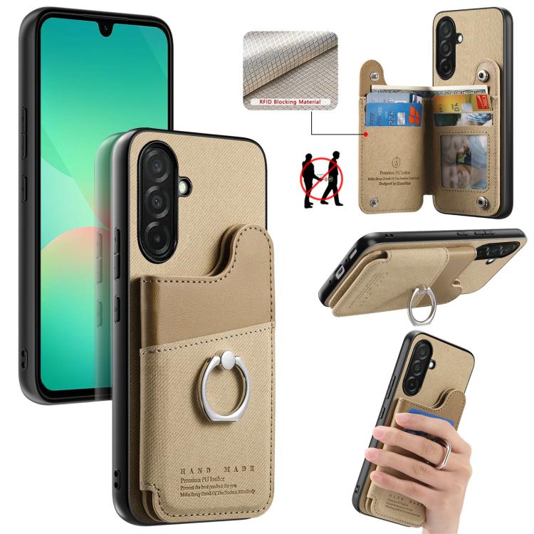 Portafoglio multi-carta con anelli in tessuto twill, custodia per telefono in pelle vegana, For Galaxy S25 Edge 5G, For Galaxy A56 5G, For Galaxy A26 5G