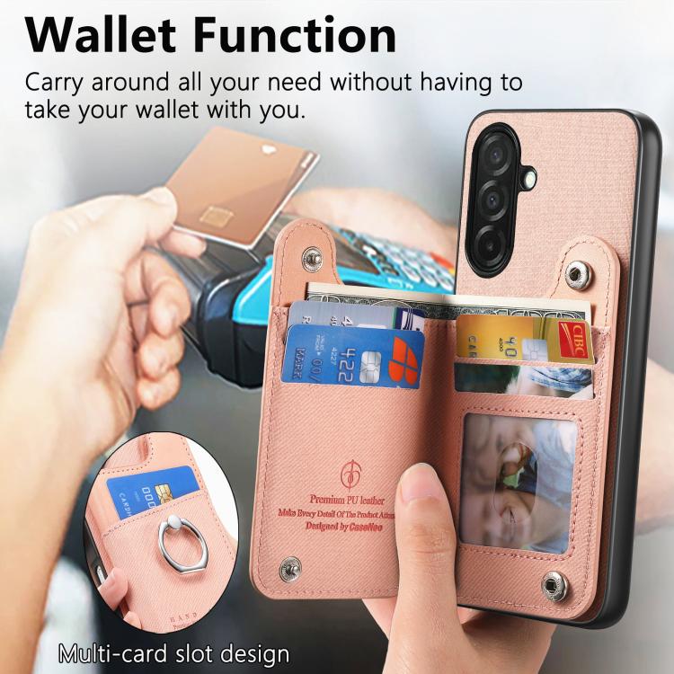 Portafoglio multi-carta con anelli in tessuto twill, custodia per telefono in pelle vegana, For Galaxy A36 5G, For Galaxy S25 5G, For Galaxy S25+ 5G