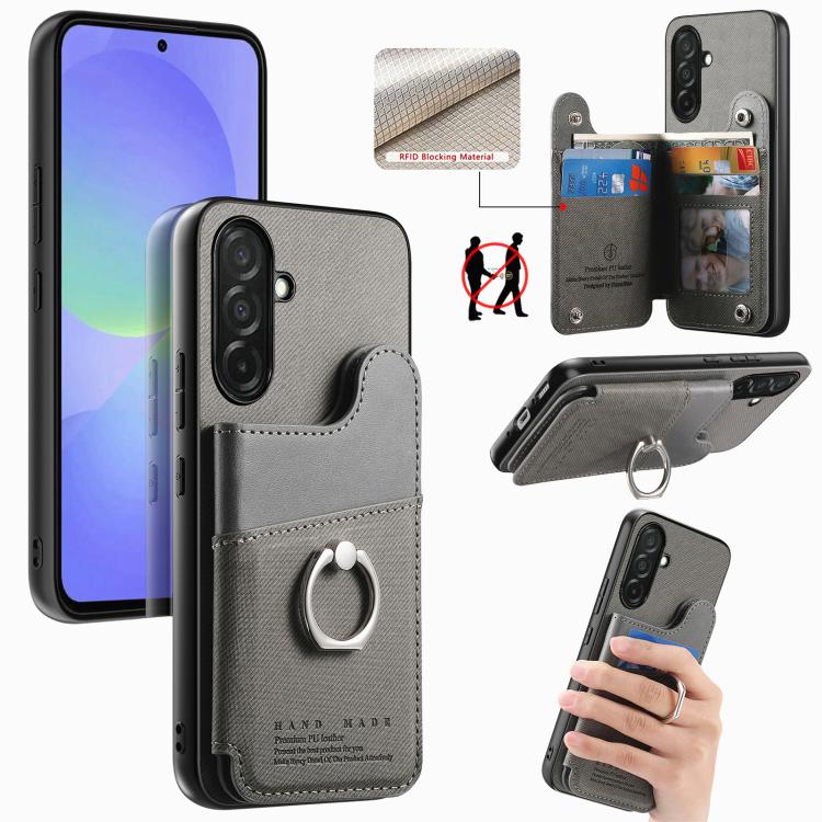 Portafoglio multi-carta con anelli in tessuto twill, custodia per telefono in pelle vegana, For Galaxy A36 5G, For Galaxy S25 5G, For Galaxy S25+ 5G