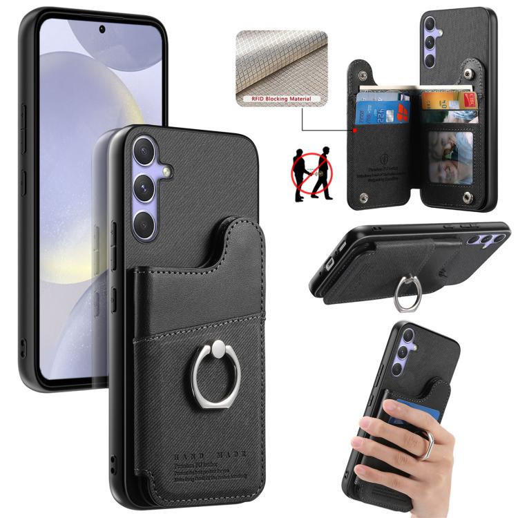 Portafoglio multi-carta con anelli in tessuto twill, custodia per telefono in pelle vegana, For Galaxy A36 5G, For Galaxy S25 5G, For Galaxy S25+ 5G