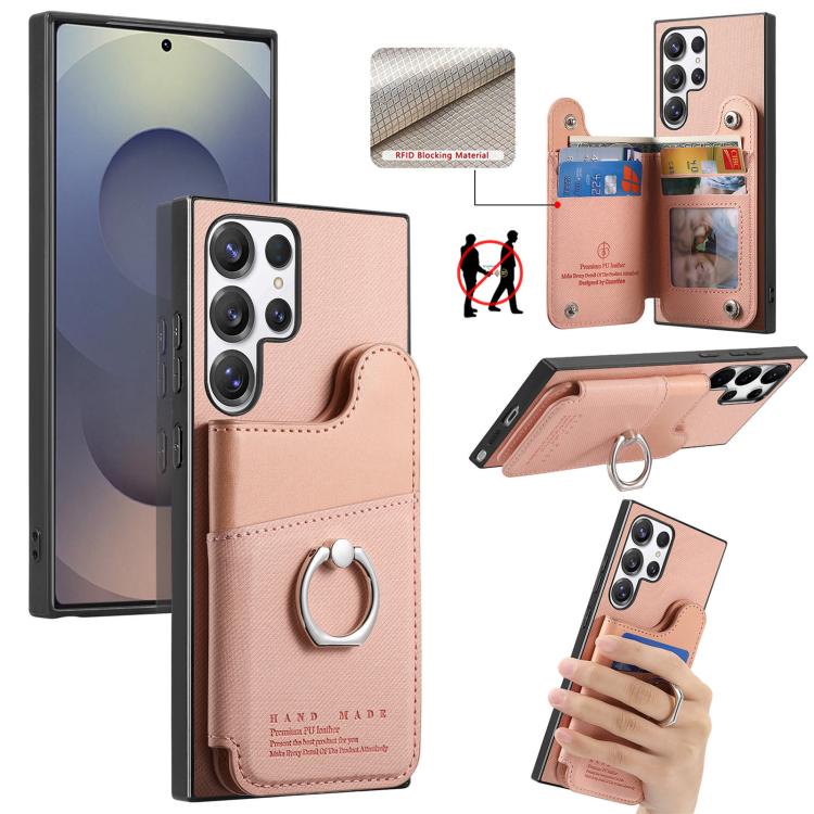 Portafoglio multi-carta con anelli in tessuto twill, custodia per telefono in pelle vegana, For Galaxy S25 Ultra 5G, For Galaxy S24 FE 5G, For Galaxy A55 5G