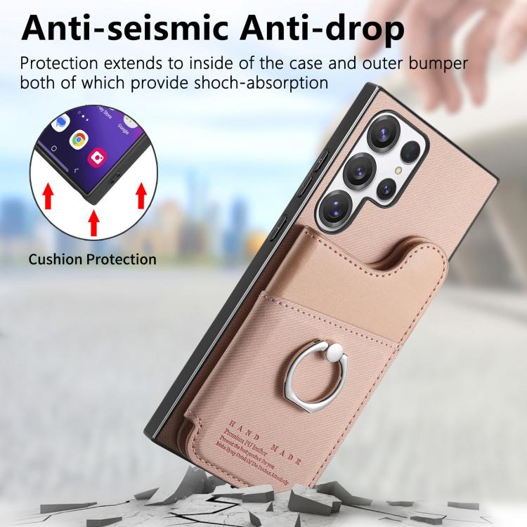 Portafoglio multi-carta con anelli in tessuto twill, custodia per telefono in pelle vegana, For Galaxy S25 Ultra 5G, For Galaxy S24 FE 5G, For Galaxy A55 5G