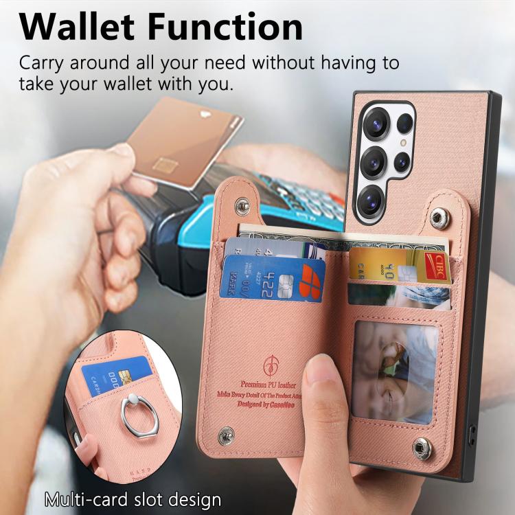 Portafoglio multi-carta con anelli in tessuto twill, custodia per telefono in pelle vegana, For Galaxy S25 Ultra 5G, For Galaxy S24 FE 5G, For Galaxy A55 5G