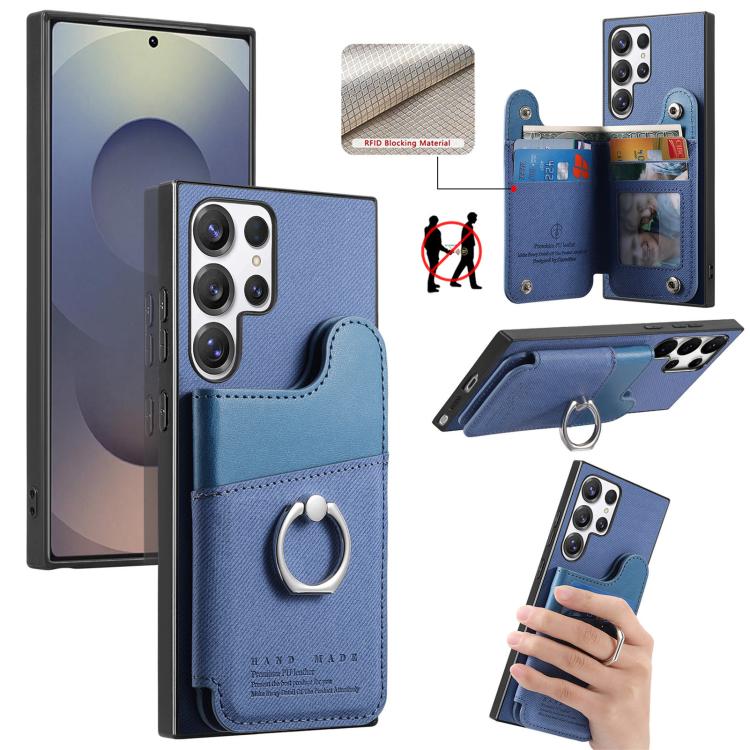 Portafoglio multi-carta con anelli in tessuto twill, custodia per telefono in pelle vegana, For Galaxy S25 Ultra 5G, For Galaxy S24 FE 5G, For Galaxy A55 5G