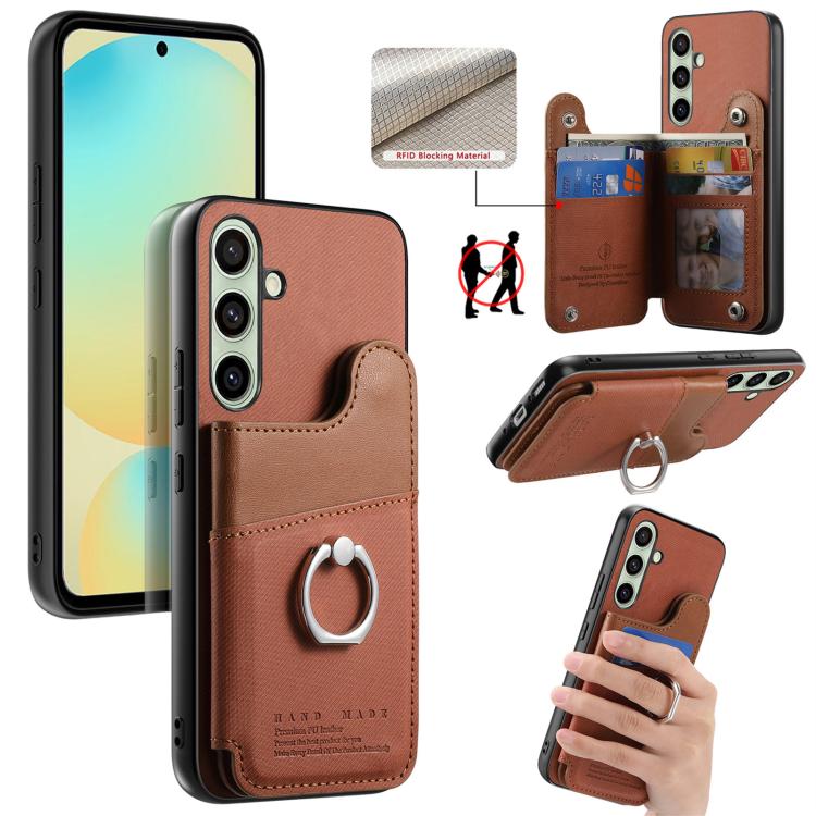 Portafoglio multi-carta con anelli in tessuto twill, custodia per telefono in pelle vegana, For Galaxy S25 Ultra 5G, For Galaxy S24 FE 5G, For Galaxy A55 5G