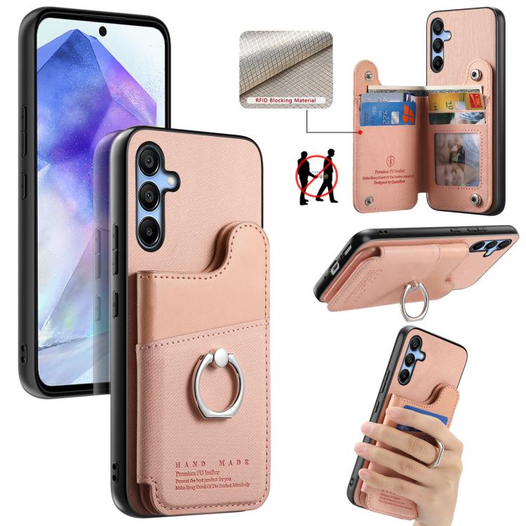 Portafoglio multi-carta con anelli in tessuto twill, custodia per telefono in pelle vegana, For Galaxy S25 Ultra 5G, For Galaxy S24 FE 5G, For Galaxy A55 5G