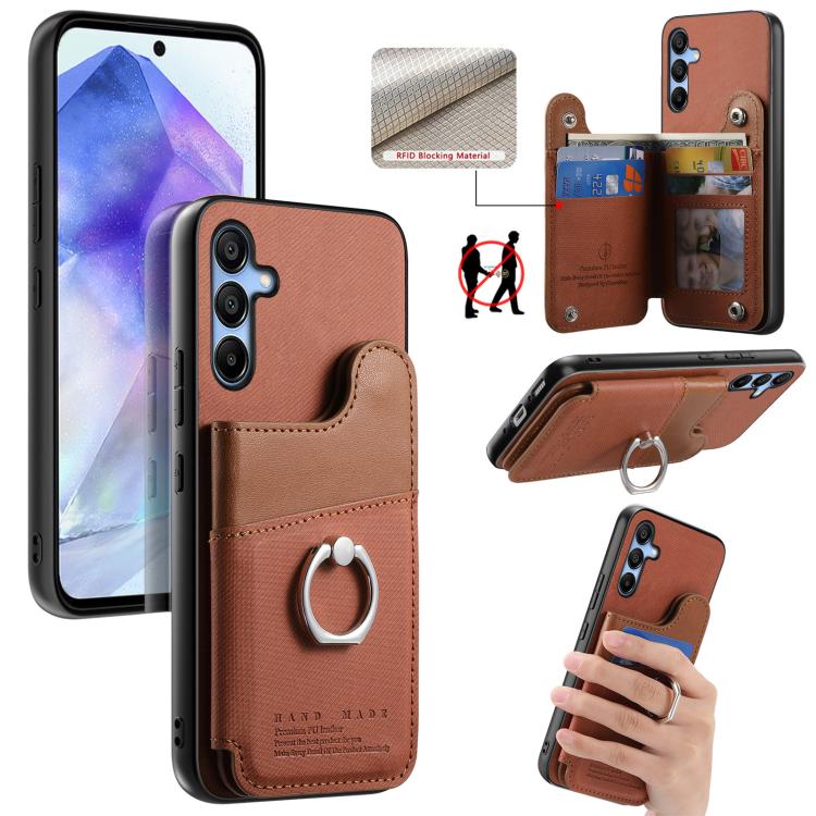 Portafoglio multi-carta con anelli in tessuto twill, custodia per telefono in pelle vegana, For Galaxy S25 Ultra 5G, For Galaxy S24 FE 5G, For Galaxy A55 5G