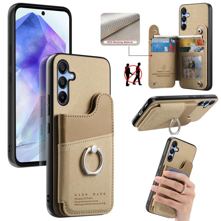 Portafoglio multi-carta con anelli in tessuto twill, custodia per telefono in pelle vegana, For Galaxy S25 Ultra 5G, For Galaxy S24 FE 5G, For Galaxy A55 5G