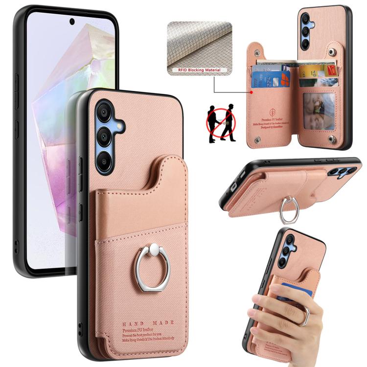 Portafoglio multi-carta con anelli in tessuto twill, custodia per telefono in pelle vegana, For Galaxy A35 5G, For Galaxy S24 Ultra 5G, For Galaxy S24+ 5G