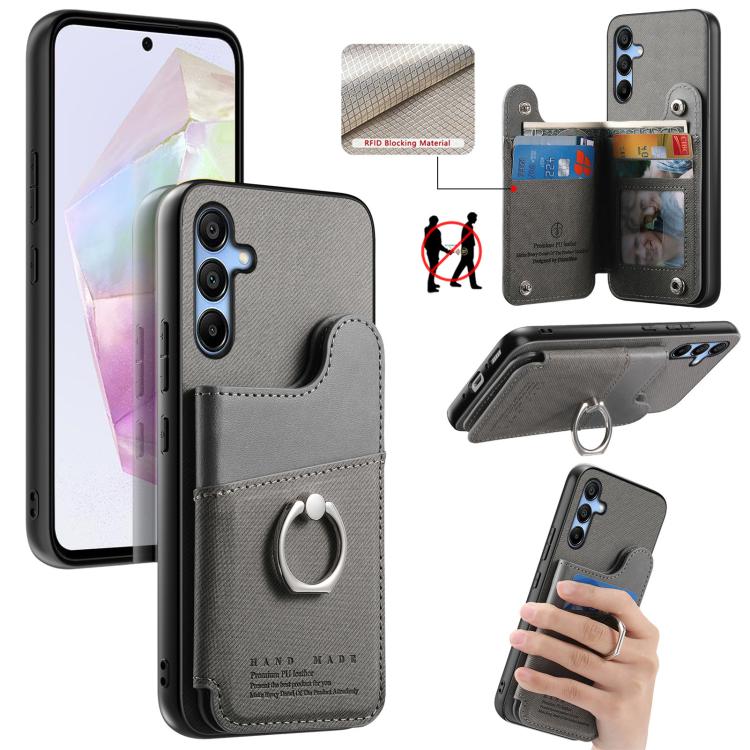 Portafoglio multi-carta con anelli in tessuto twill, custodia per telefono in pelle vegana, For Galaxy A35 5G, For Galaxy S24 Ultra 5G, For Galaxy S24+ 5G
