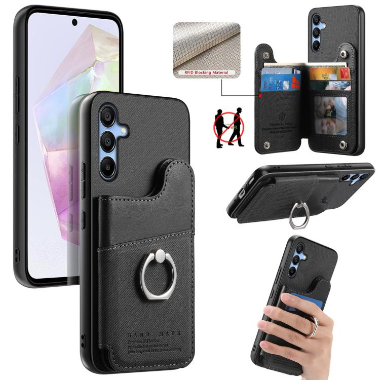 Portafoglio multi-carta con anelli in tessuto twill, custodia per telefono in pelle vegana, For Galaxy A35 5G, For Galaxy S24 Ultra 5G, For Galaxy S24+ 5G
