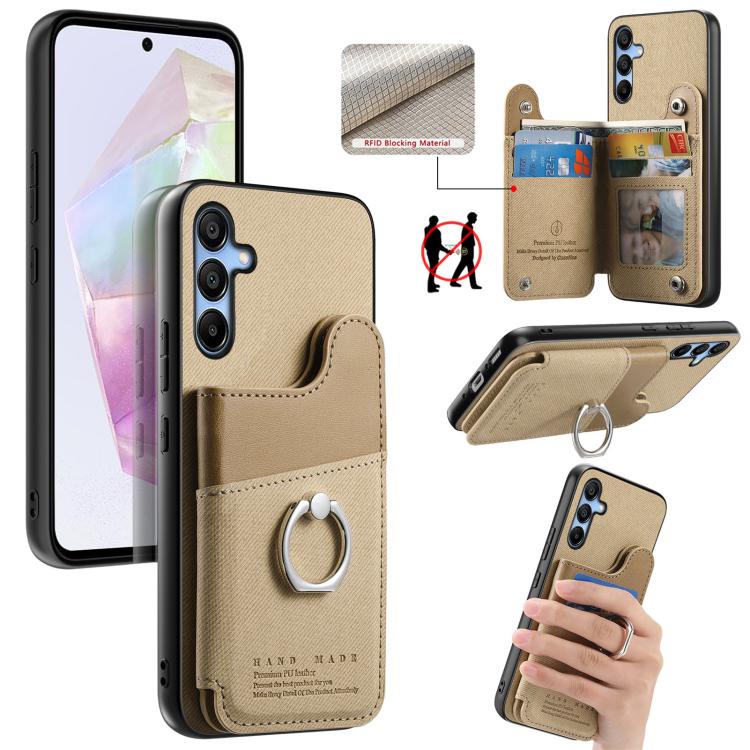 Portafoglio multi-carta con anelli in tessuto twill, custodia per telefono in pelle vegana, For Galaxy A35 5G, For Galaxy S24 Ultra 5G, For Galaxy S24+ 5G