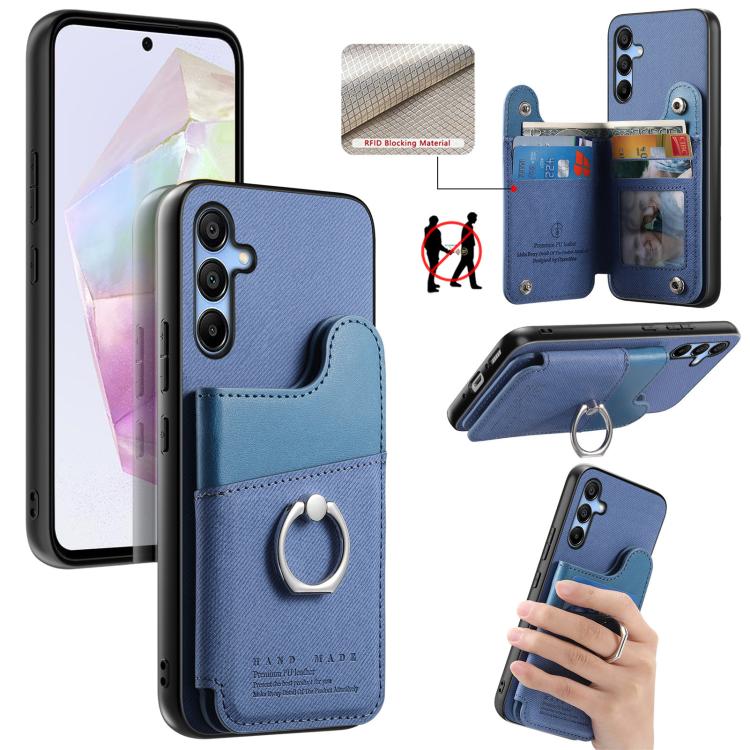 Portafoglio multi-carta con anelli in tessuto twill, custodia per telefono in pelle vegana, For Galaxy A35 5G, For Galaxy S24 Ultra 5G, For Galaxy S24+ 5G