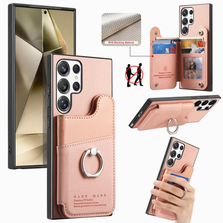Portafoglio multi-carta con anelli in tessuto twill, custodia per telefono in pelle vegana, For Galaxy A35 5G, For Galaxy S24 Ultra 5G, For Galaxy S24+ 5G