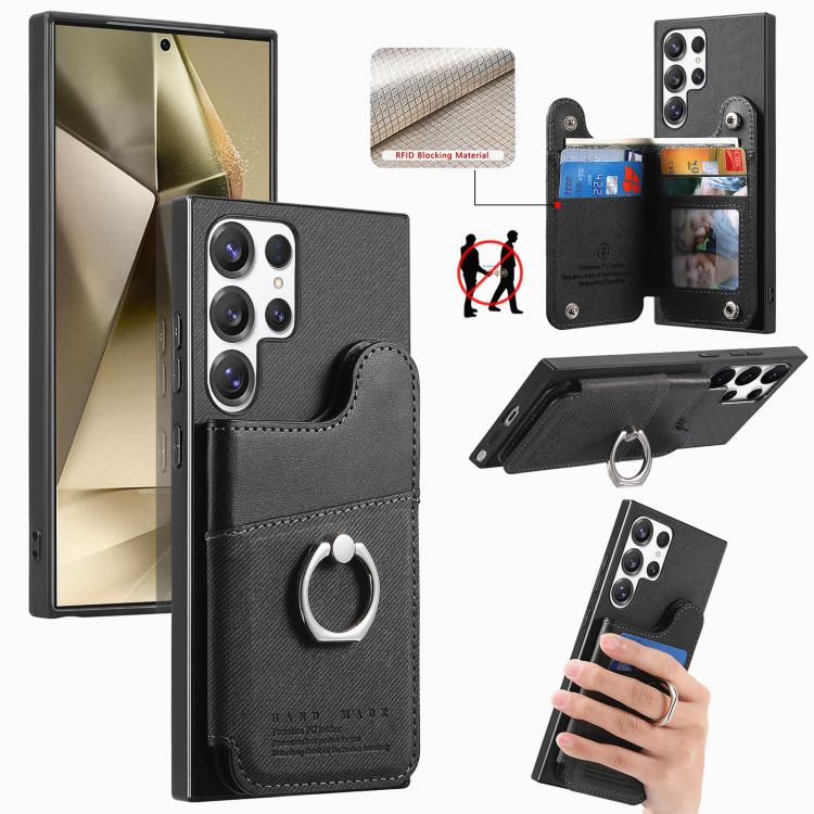 Portafoglio multi-carta con anelli in tessuto twill, custodia per telefono in pelle vegana, For Galaxy A35 5G, For Galaxy S24 Ultra 5G, For Galaxy S24+ 5G