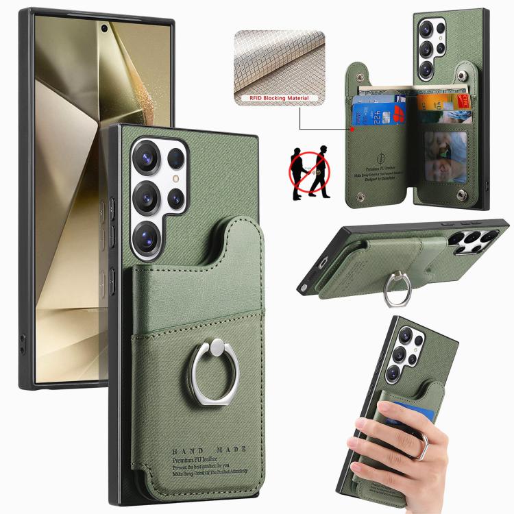 Portafoglio multi-carta con anelli in tessuto twill, custodia per telefono in pelle vegana, For Galaxy A35 5G, For Galaxy S24 Ultra 5G, For Galaxy S24+ 5G