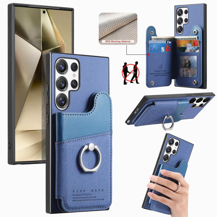 Portafoglio multi-carta con anelli in tessuto twill, custodia per telefono in pelle vegana, For Galaxy A35 5G, For Galaxy S24 Ultra 5G, For Galaxy S24+ 5G