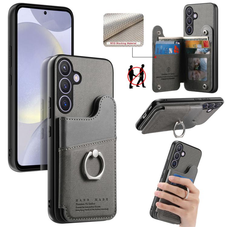 Portafoglio multi-carta con anelli in tessuto twill, custodia per telefono in pelle vegana, For Galaxy S24 5G, For Galaxy S23 FE 5G, For Galaxy A54 5G