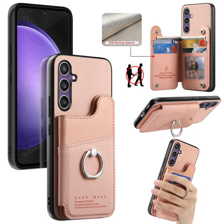 Portafoglio multi-carta con anelli in tessuto twill, custodia per telefono in pelle vegana, For Galaxy S24 5G, For Galaxy S23 FE 5G, For Galaxy A54 5G
