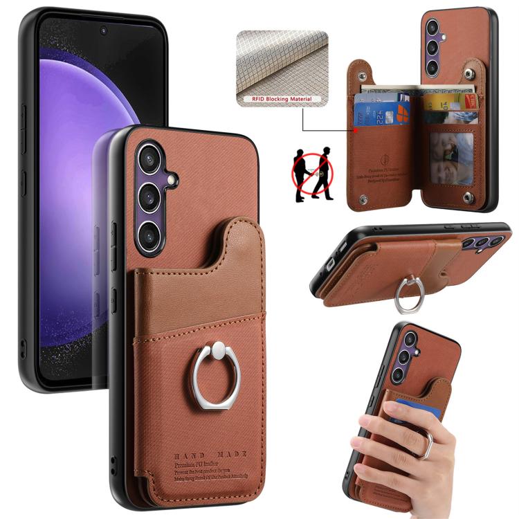 Portafoglio multi-carta con anelli in tessuto twill, custodia per telefono in pelle vegana, For Galaxy S24 5G, For Galaxy S23 FE 5G, For Galaxy A54 5G