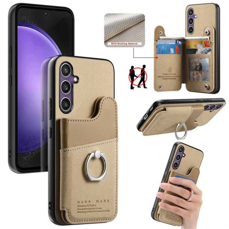 Portafoglio multi-carta con anelli in tessuto twill, custodia per telefono in pelle vegana, For Galaxy S24 5G, For Galaxy S23 FE 5G, For Galaxy A54 5G