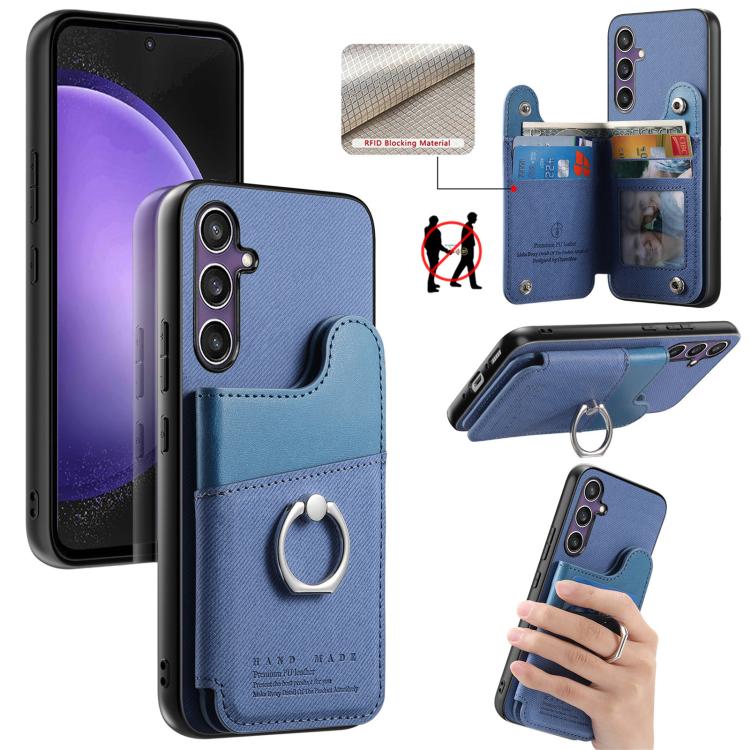 Portafoglio multi-carta con anelli in tessuto twill, custodia per telefono in pelle vegana, For Galaxy S24 5G, For Galaxy S23 FE 5G, For Galaxy A54 5G