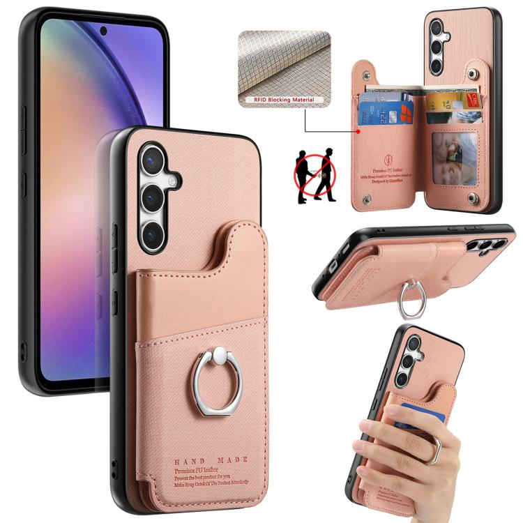 Portafoglio multi-carta con anelli in tessuto twill, custodia per telefono in pelle vegana, For Galaxy S24 5G, For Galaxy S23 FE 5G, For Galaxy A54 5G
