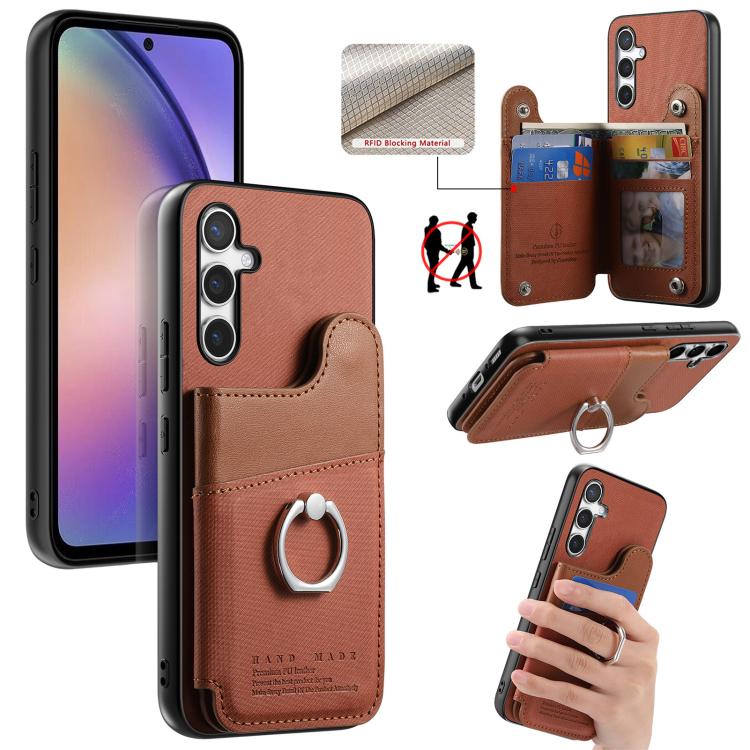 Portafoglio multi-carta con anelli in tessuto twill, custodia per telefono in pelle vegana, For Galaxy S24 5G, For Galaxy S23 FE 5G, For Galaxy A54 5G