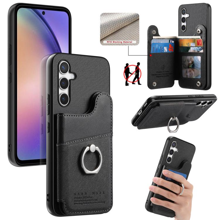 Portafoglio multi-carta con anelli in tessuto twill, custodia per telefono in pelle vegana, For Galaxy S24 5G, For Galaxy S23 FE 5G, For Galaxy A54 5G