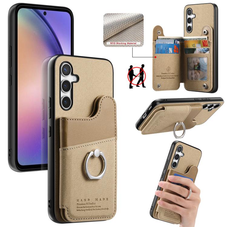 Portafoglio multi-carta con anelli in tessuto twill, custodia per telefono in pelle vegana, For Galaxy S24 5G, For Galaxy S23 FE 5G, For Galaxy A54 5G