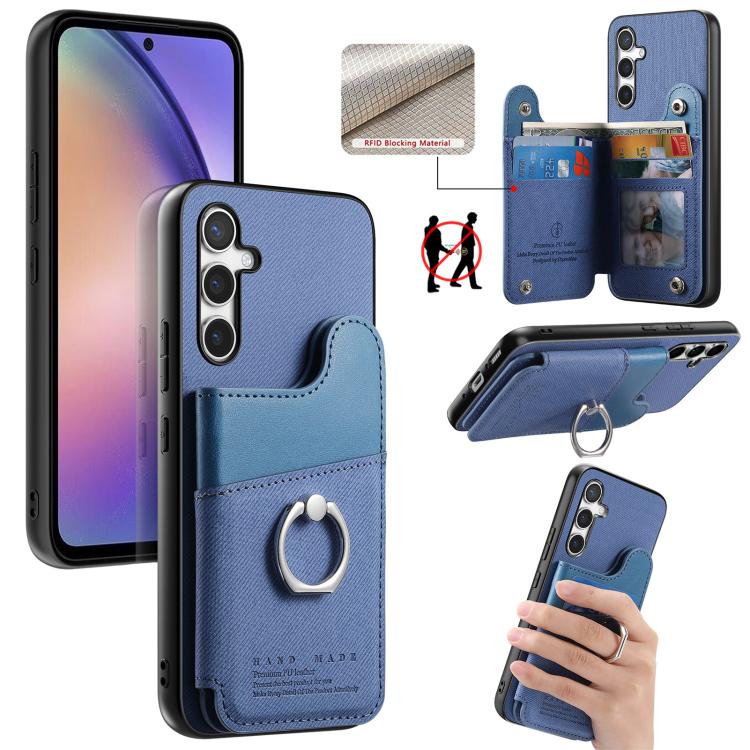 Portafoglio multi-carta con anelli in tessuto twill, custodia per telefono in pelle vegana, For Galaxy S24 5G, For Galaxy S23 FE 5G, For Galaxy A54 5G